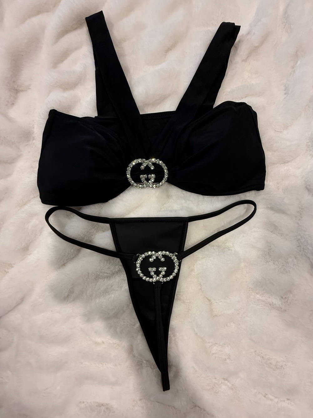 Black Rhinestone Accent Bandeau Thong Bikini
